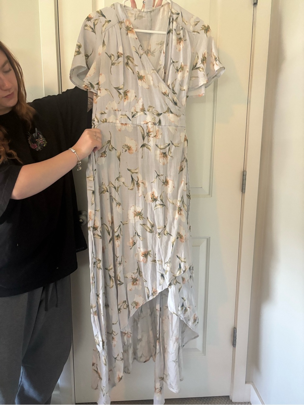 Promesa White Floral Wrap Maxi Dress with Cream & Green Accents